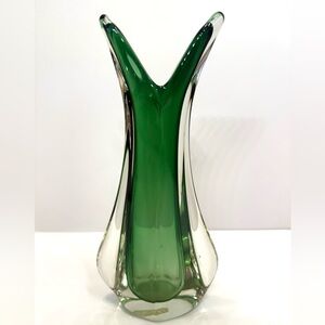 Vintage Murano Sommerso Art Glass Vase – Emerald Green & Clear – 10”
